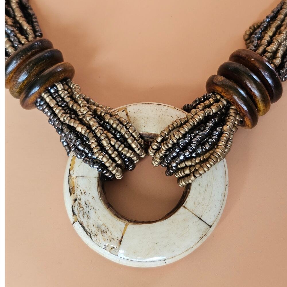 Vintage 80s Maximalist Multi Strand Brown Black Beaded Statement Necklace - Picture 3 of 7